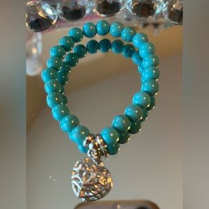 Turquoise elastic beaded Bracelet w/ Heart Charm